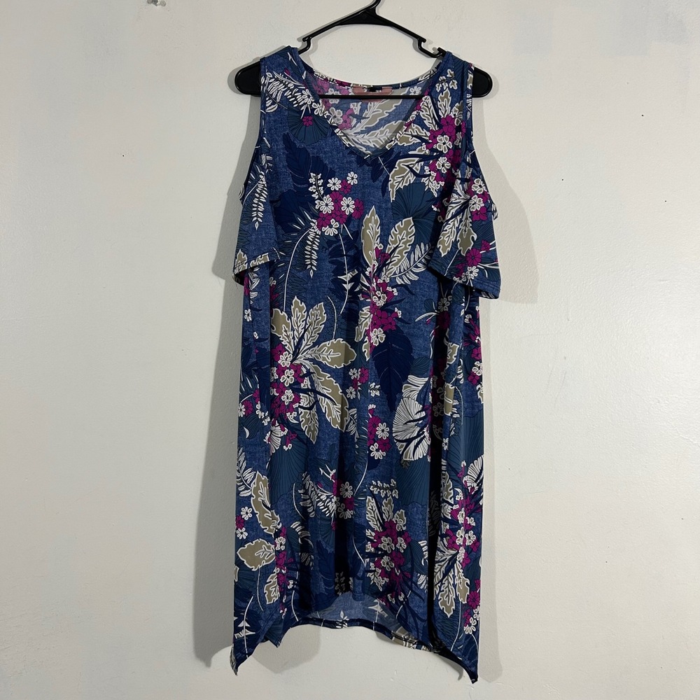 SJS Floral Cold Shoulder Dress Womens Large Blue Pink Tropical Shift Sharkbite